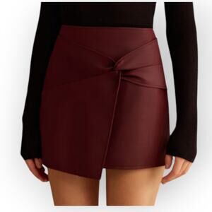 Commense Burgundy Faux Leather Skort Skirt Knotted Mini XL NWT Parisian Chic